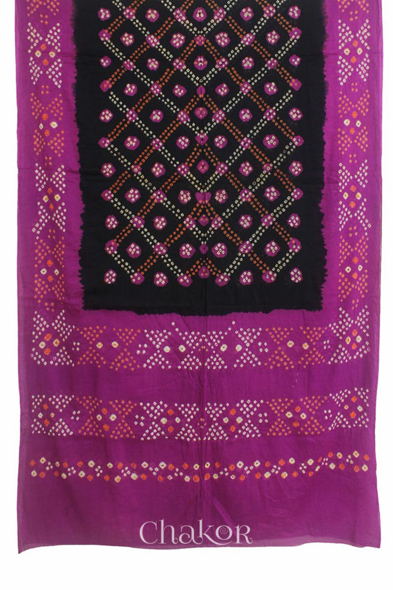 Traditional Black Magenta Bandhani Mul Cotton Saree by Chakor.