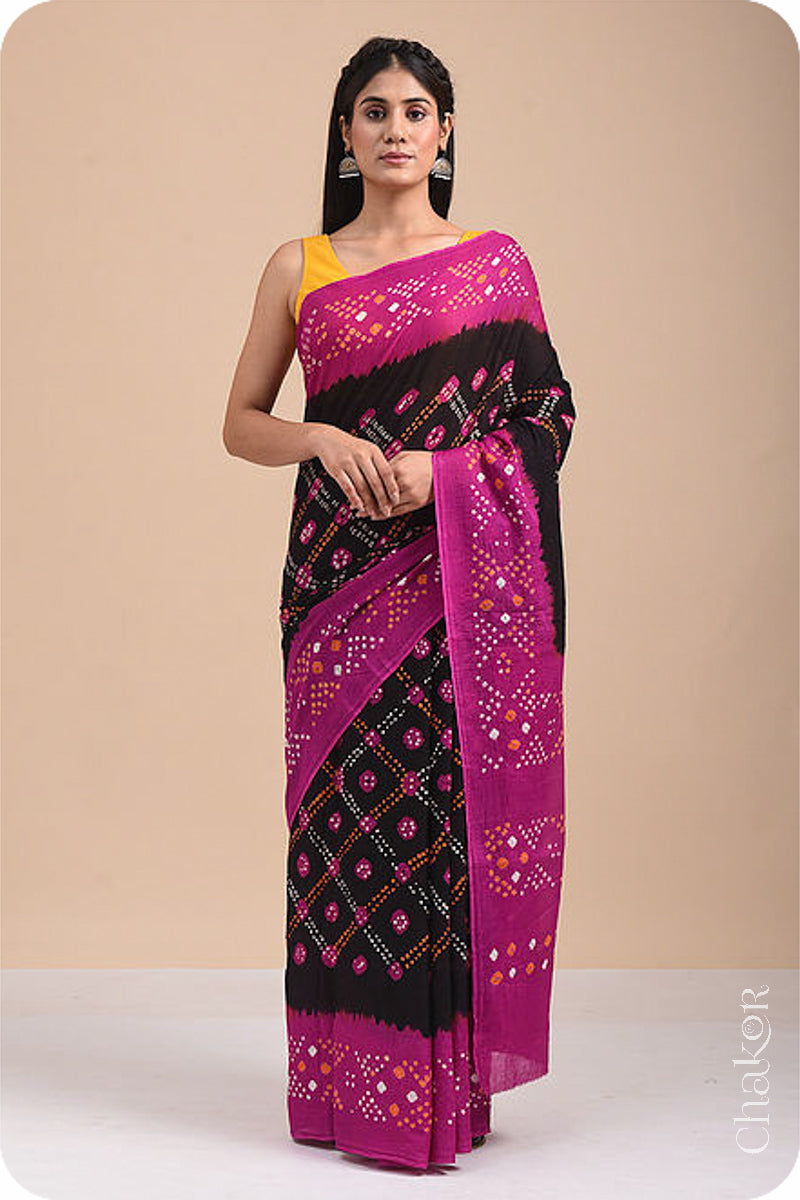 Traditional Black Magenta Bandhani Mul Cotton Saree by Chakor.