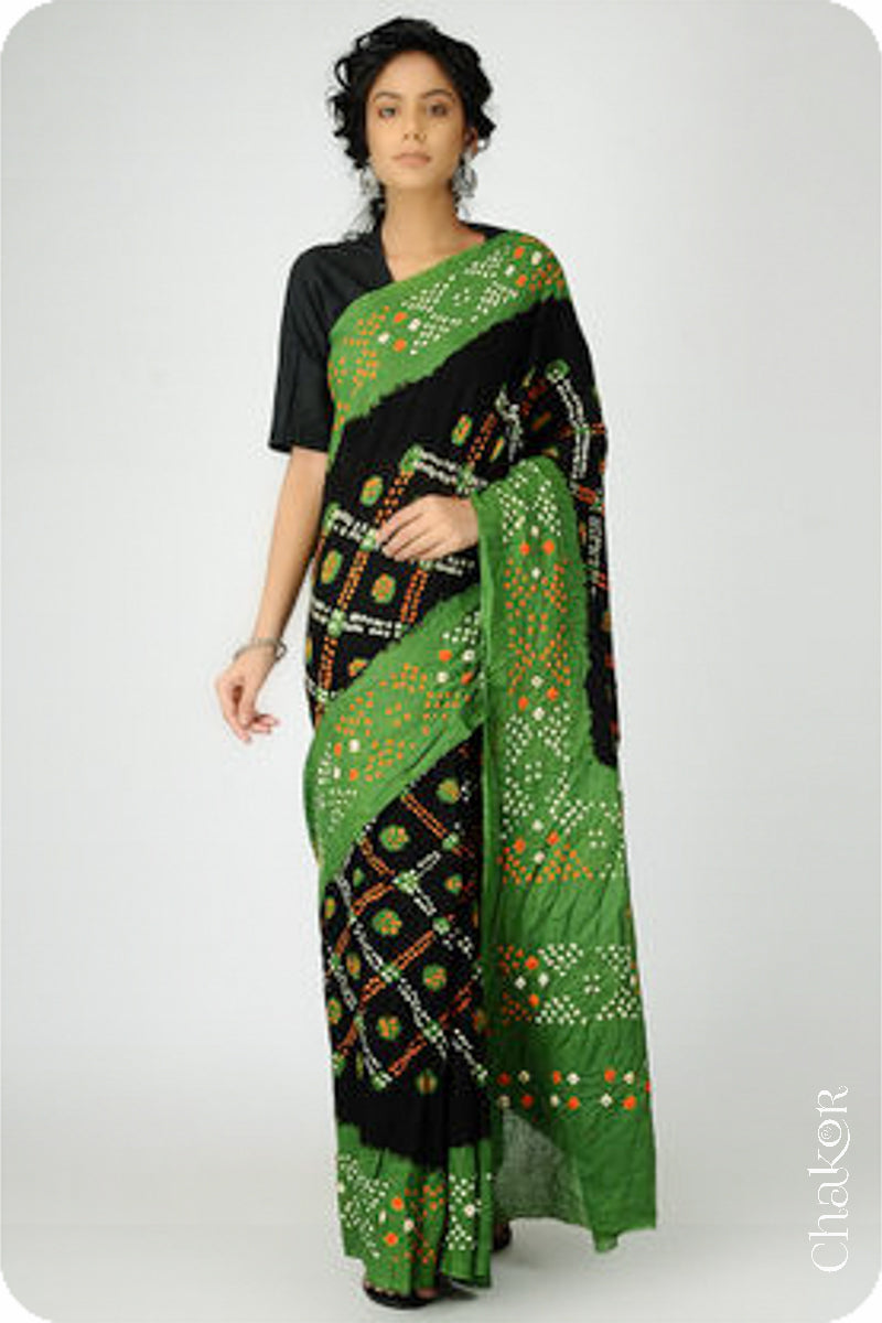 Traditional Black Mehendi Bandhani Mul Cotton Saree by Chakor.