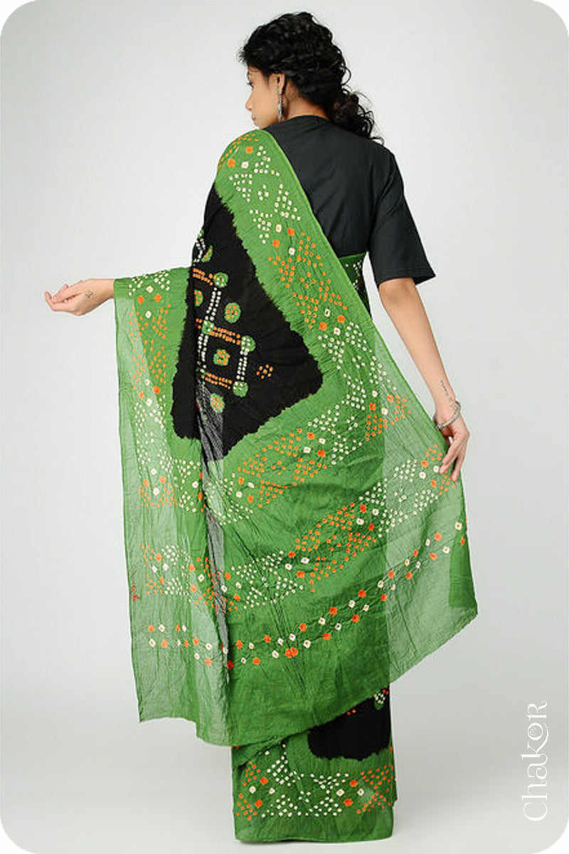 Traditional Black Mehendi Bandhani Mul Cotton Saree by Chakor.