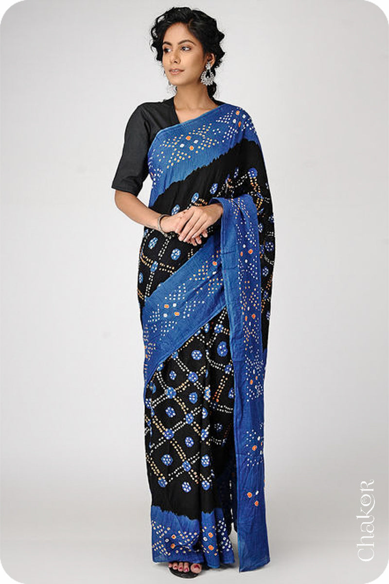 Traditional Black Indigo Bandhani Mul Cotton Saree by Chakor.