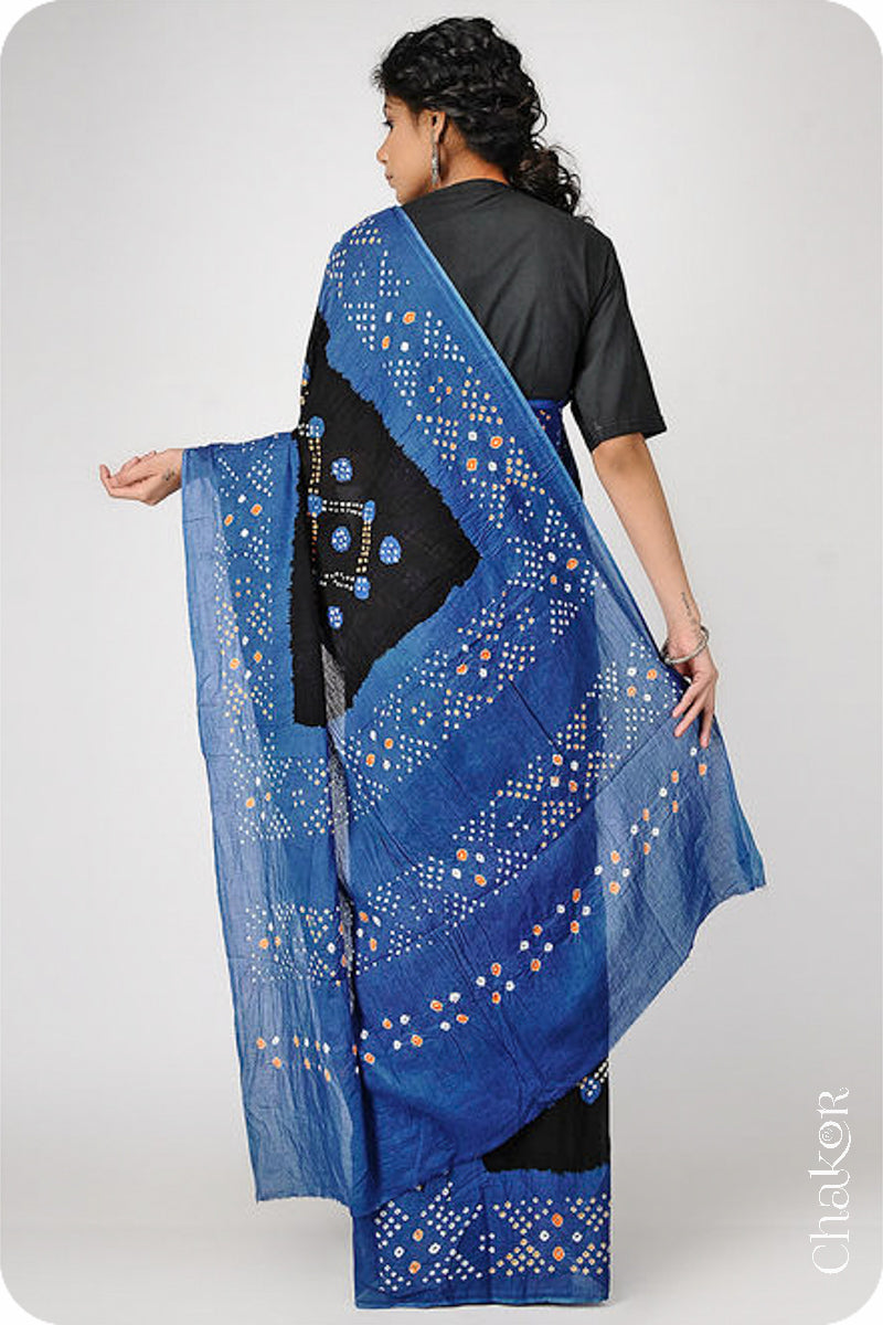 Traditional Black Indigo Bandhani Mul Cotton Saree by Chakor.