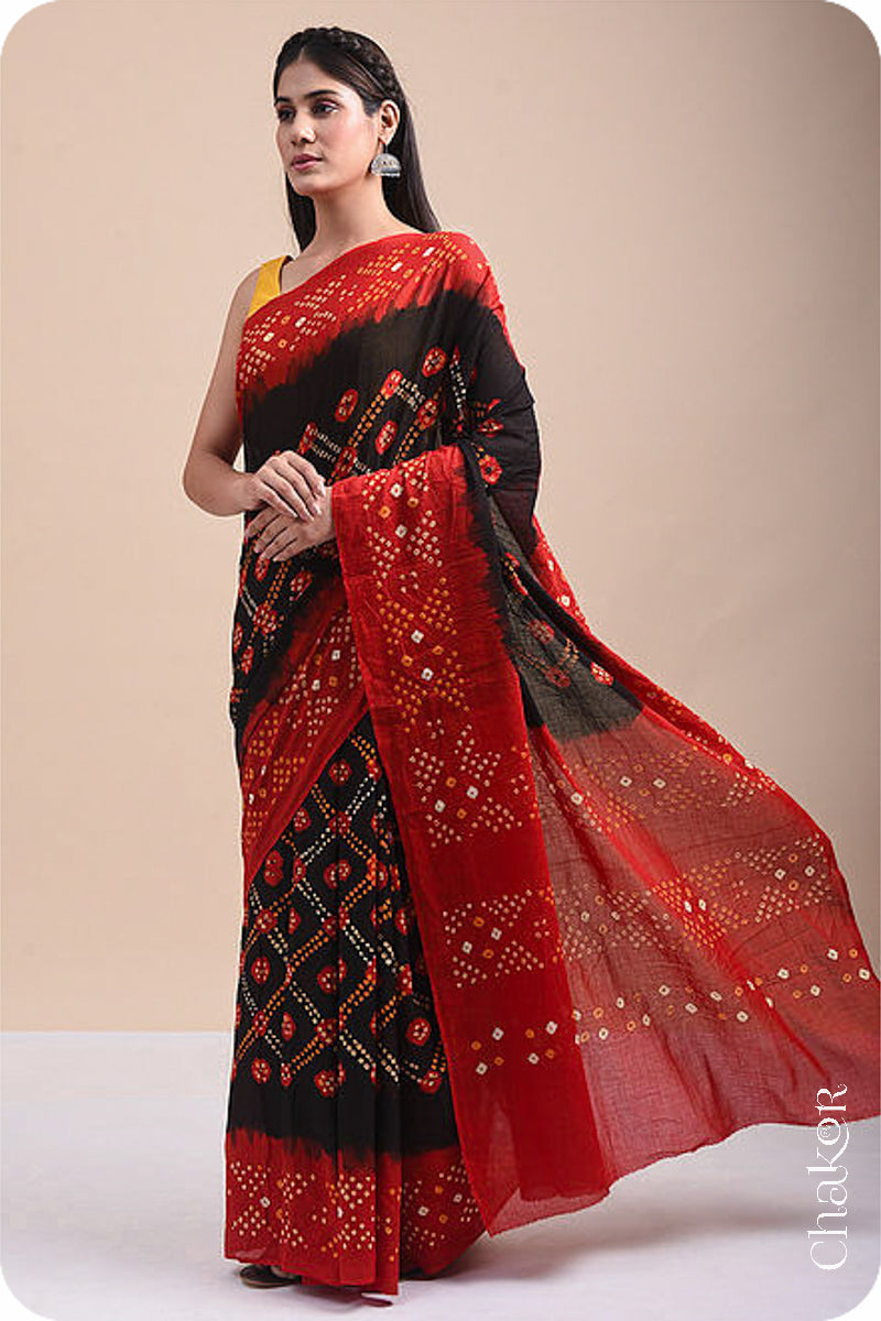 Traditional Black Red Bandhani Mul Cotton Saree by Chakor.