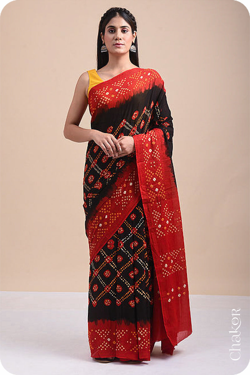 Traditional Black Red Bandhani Mul Cotton Saree by Chakor.