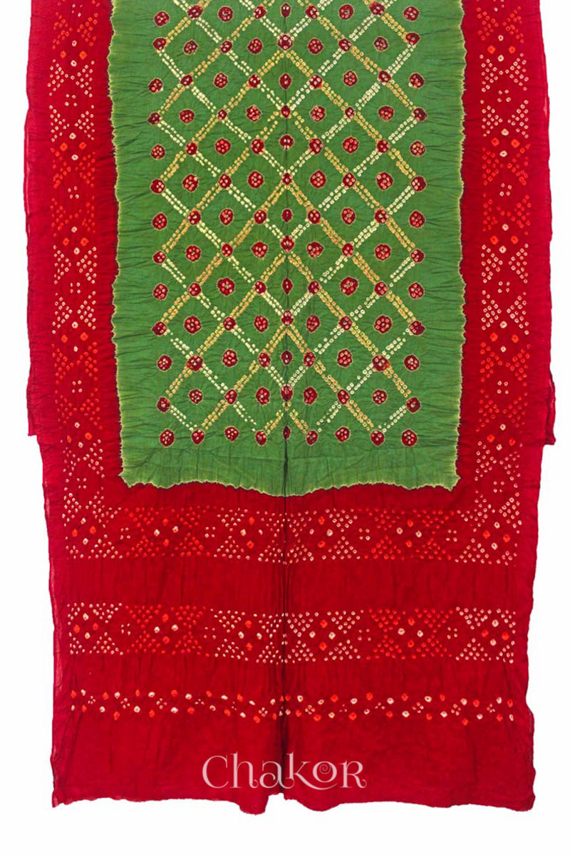 Traditional Mehendi Green Red Bandhani Mul Cotton Saree by Chakor.