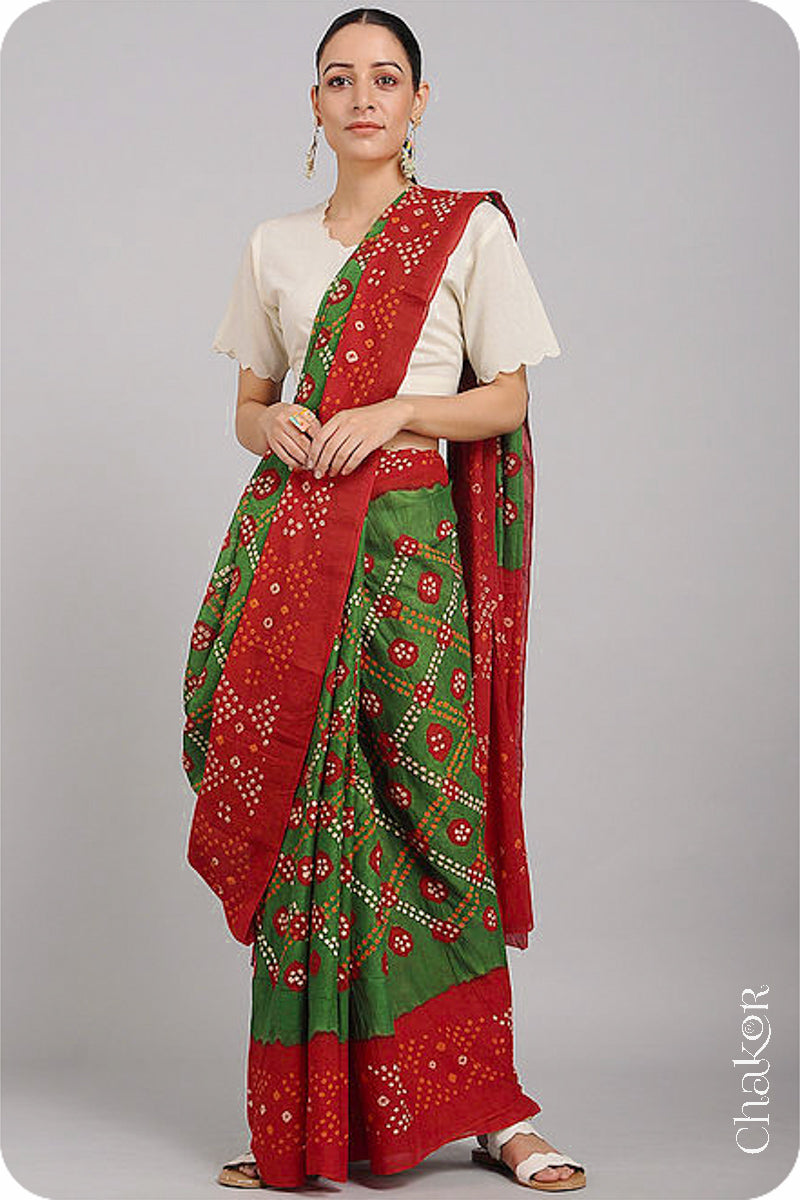 Traditional Mehendi Green Red Bandhani Mul Cotton Saree by Chakor.