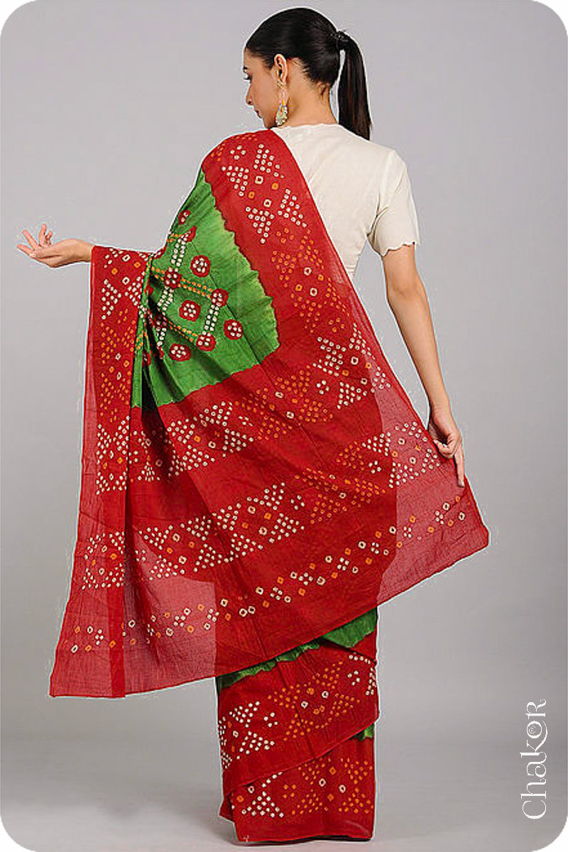 Traditional Mehendi Green Red Bandhani Mul Cotton Saree by Chakor.