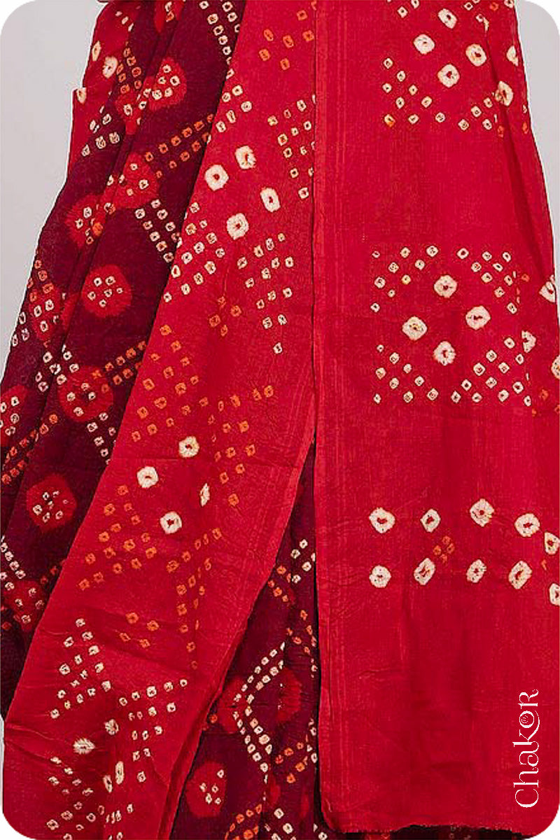 Traditional Maroon Red Bandhani Mul Cotton Saree by Chakor.