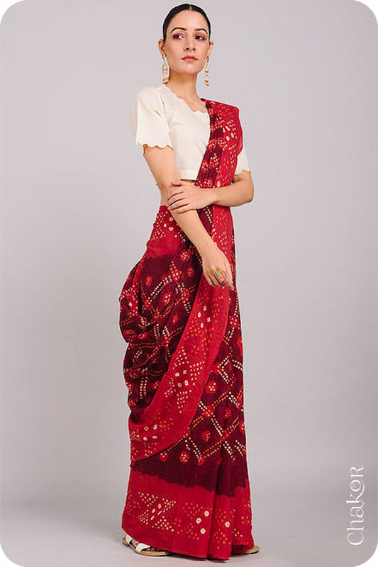 Traditional Maroon Red Bandhani Mul Cotton Saree by Chakor.