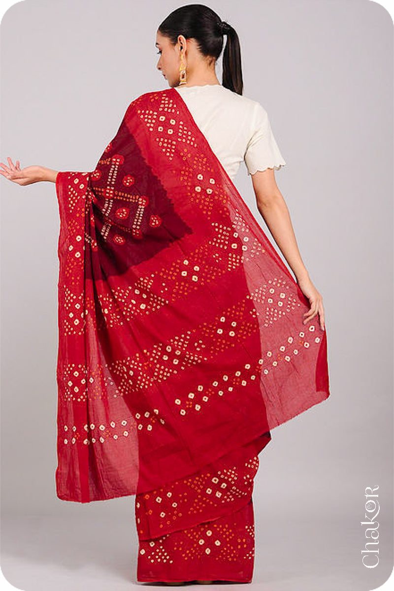 Traditional Maroon Red Bandhani Mul Cotton Saree by Chakor.