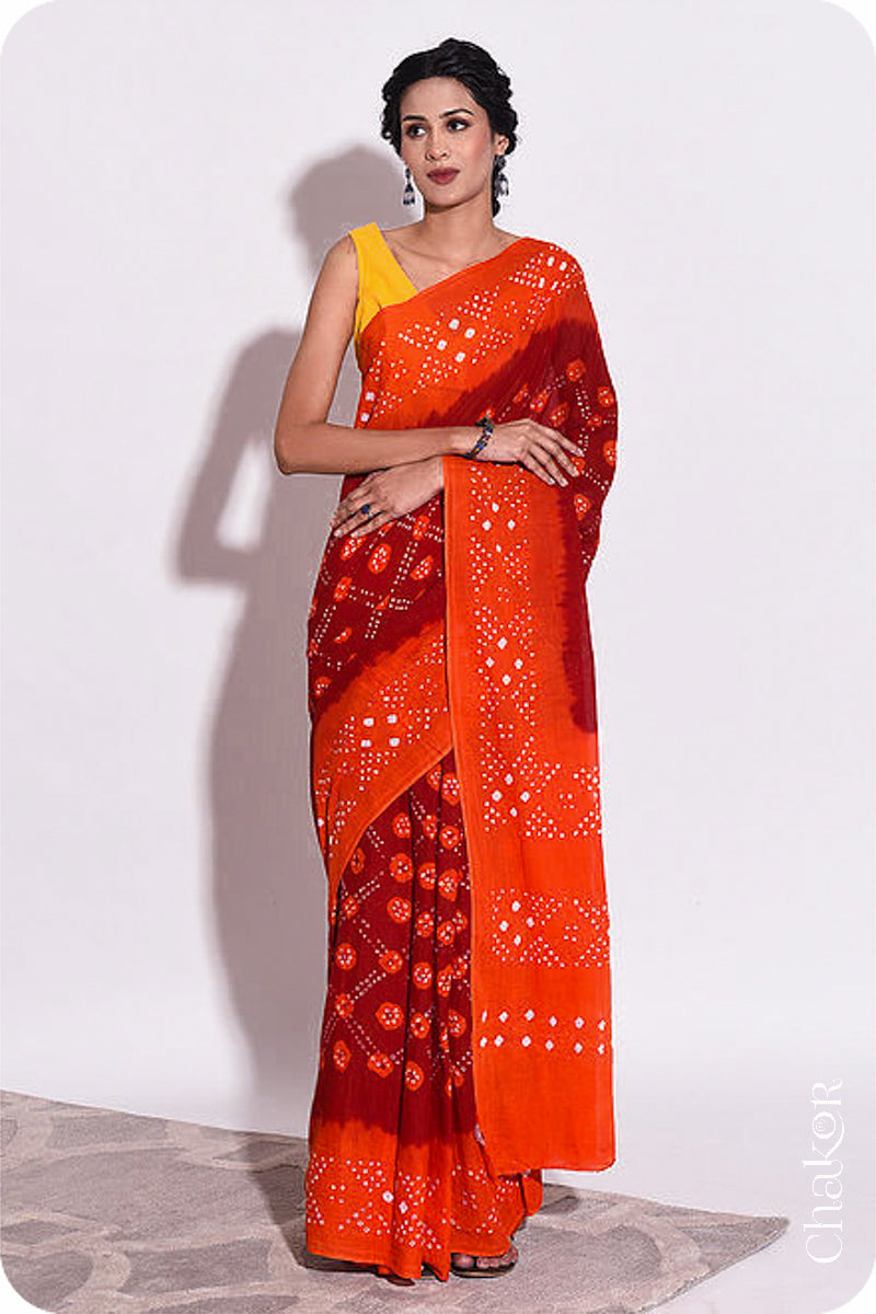 Traditional Maroon Orange Bandhani Mul Cotton Saree by Chakor.