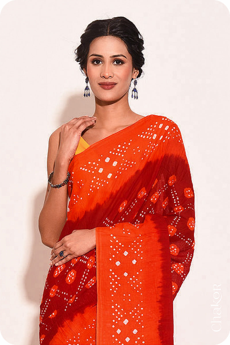 Traditional Maroon Orange Bandhani Mul Cotton Saree by Chakor.