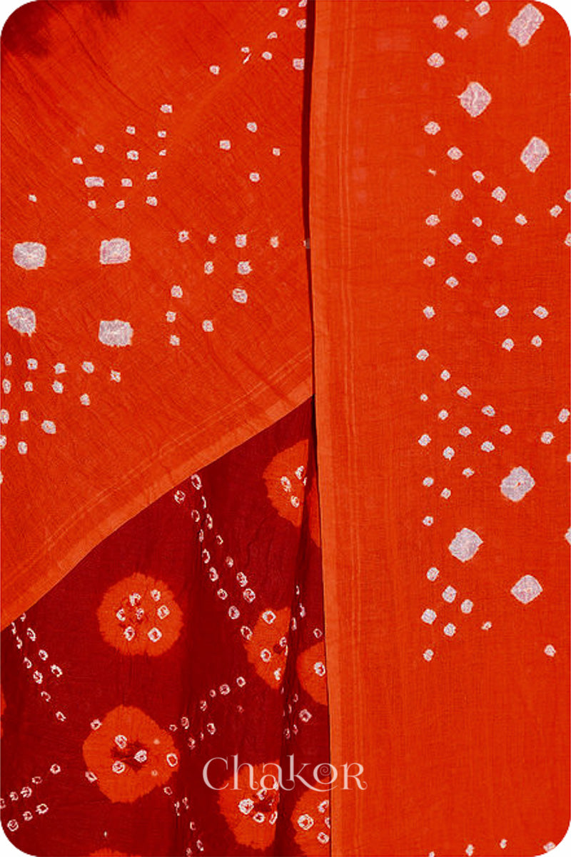 Traditional Maroon Orange Bandhani Mul Cotton Saree by Chakor.