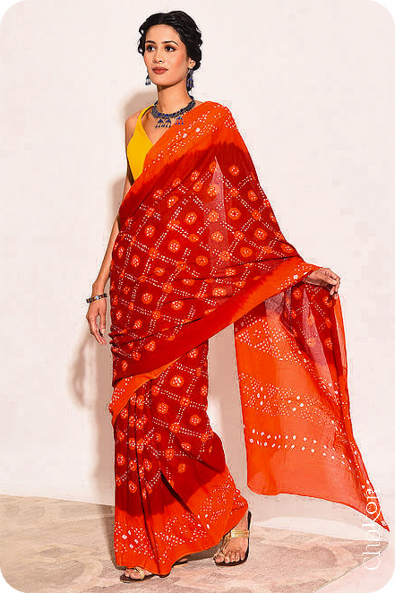 Traditional Maroon Orange Bandhani Mul Cotton Saree by Chakor.