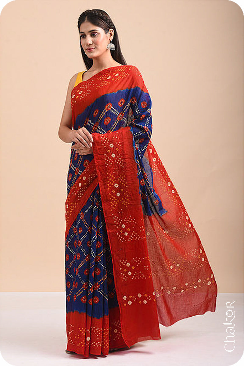 Traditional Navy Red Bandhani Mul Cotton Saree by Chakor.