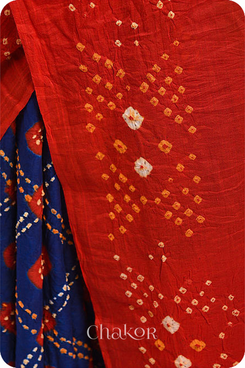 Traditional Navy Red Bandhani Mul Cotton Saree by Chakor.