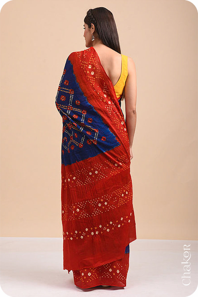 Traditional Navy Red Bandhani Mul Cotton Saree by Chakor.