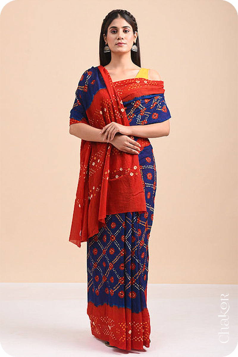 Traditional Navy Red Bandhani Mul Cotton Saree by Chakor.