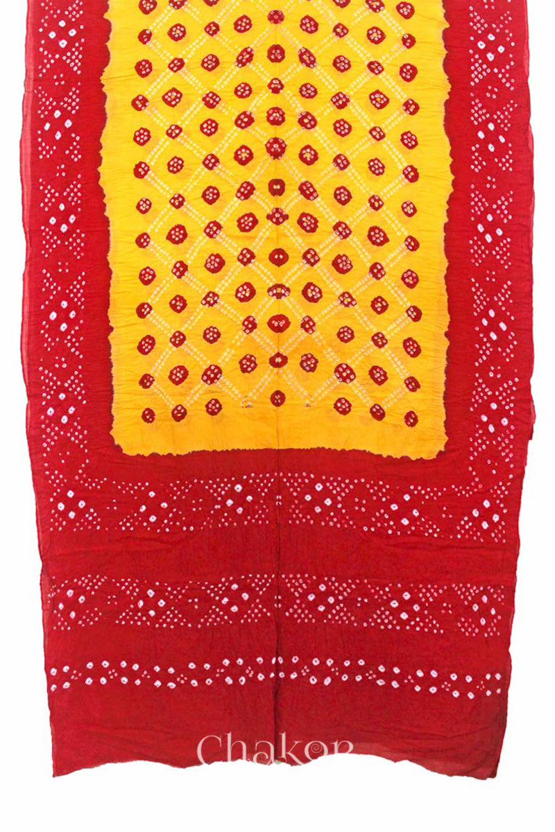 Traditional Yellow Red Bandhani Mul Cotton Saree by Chakor.