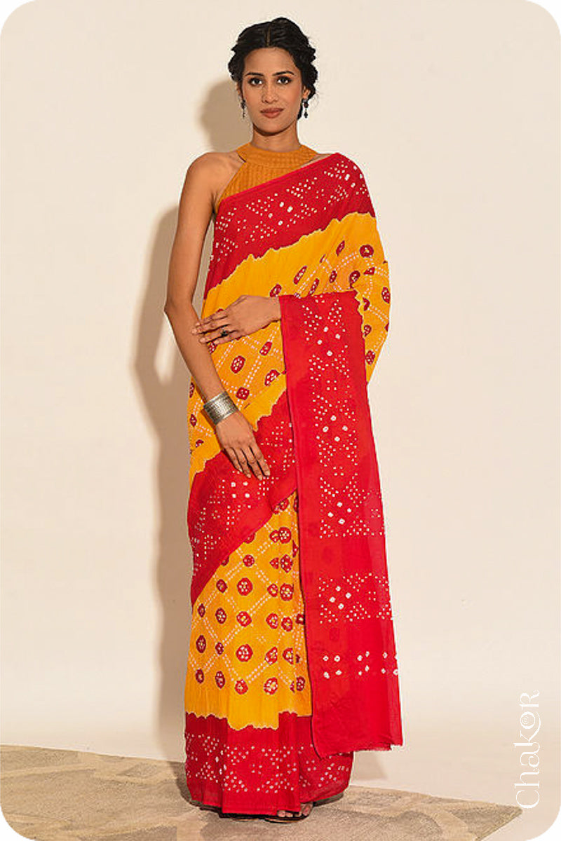 Traditional Yellow Red Bandhani Mul Cotton Saree by Chakor.