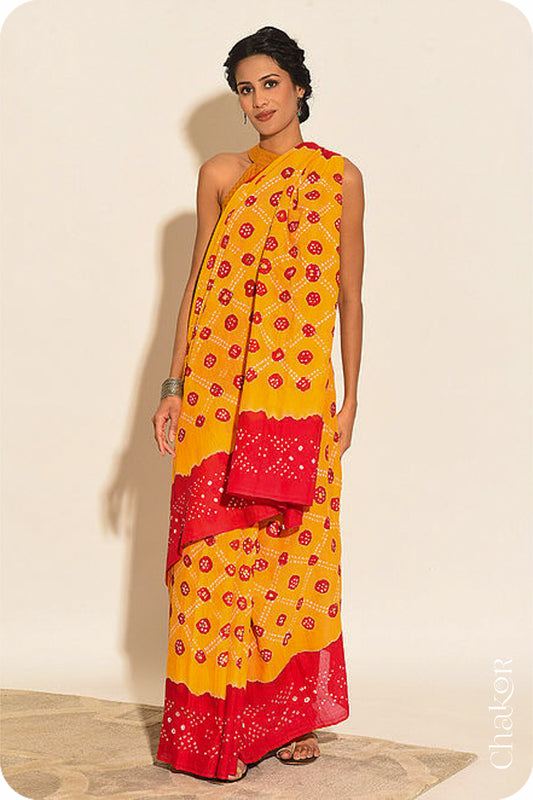 Traditional Yellow Red Bandhani Mul Cotton Saree by Chakor.