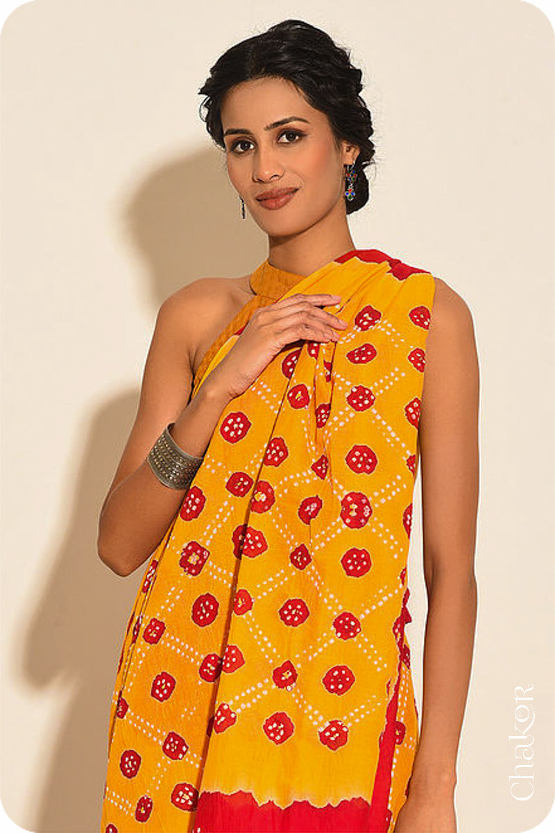 Traditional Yellow Red Bandhani Mul Cotton Saree by Chakor.