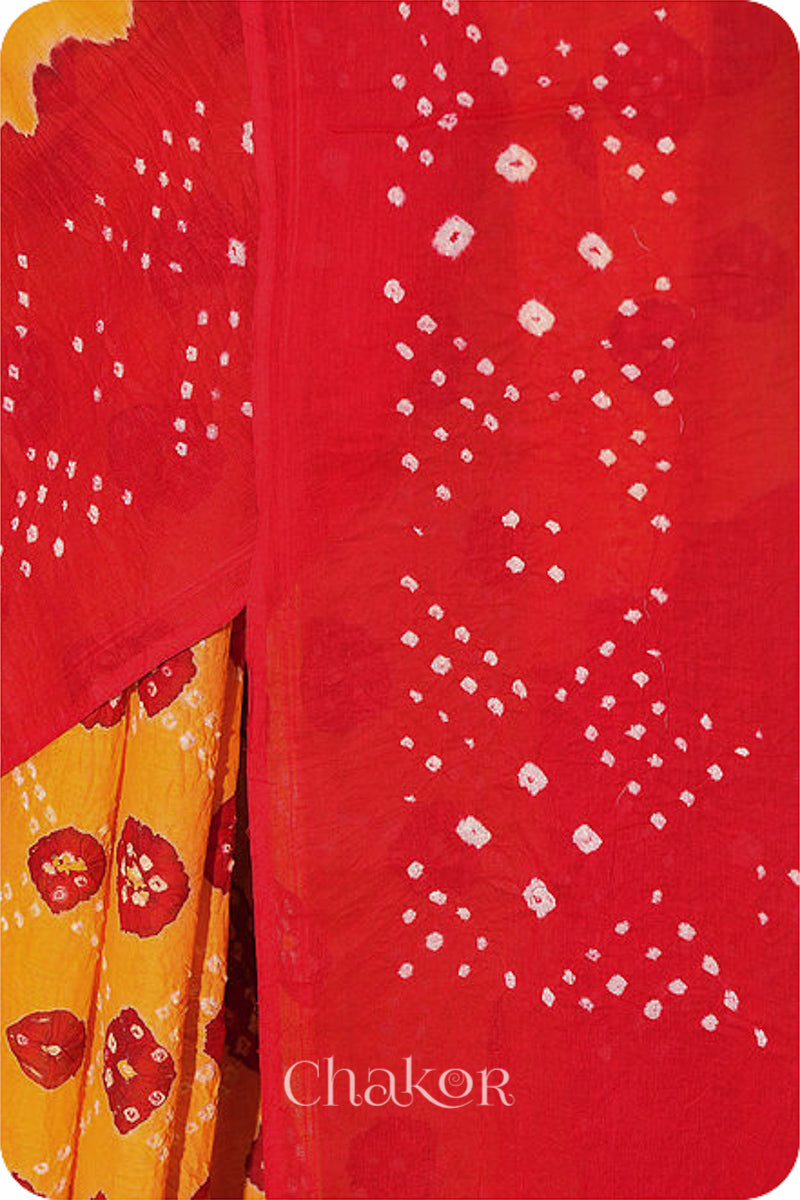 Traditional Yellow Red Bandhani Mul Cotton Saree by Chakor.