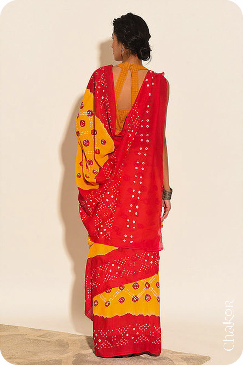 Traditional Yellow Red Bandhani Mul Cotton Saree by Chakor.