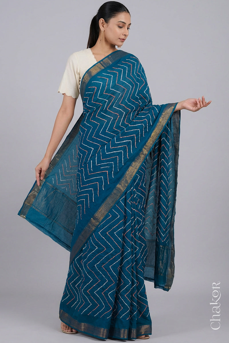 Indigo Bandhani Handloom Mangalgiri Cotton Saree