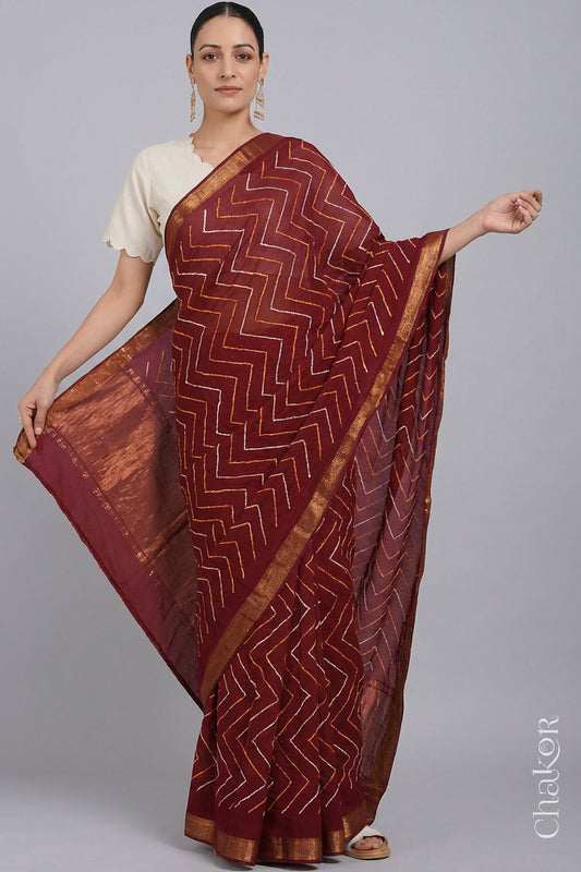 Deep Red Bandhani Handloom Mangalgiri Cotton Saree
