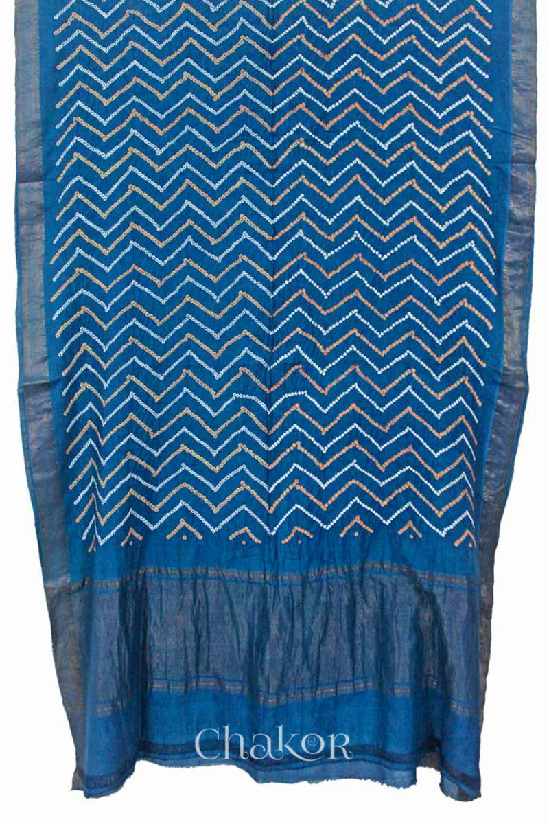 Indigo Blue Traditional Bandhani Mangalgiri Cotton Saree with zari border and pallu by Chakor.