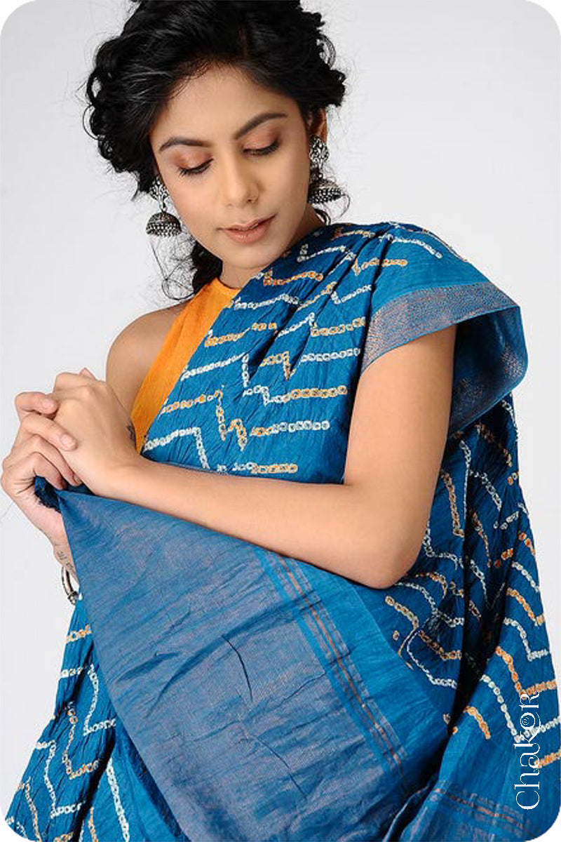 Indigo Blue Traditional Bandhani Mangalgiri Cotton Saree with zari border and pallu by Chakor.