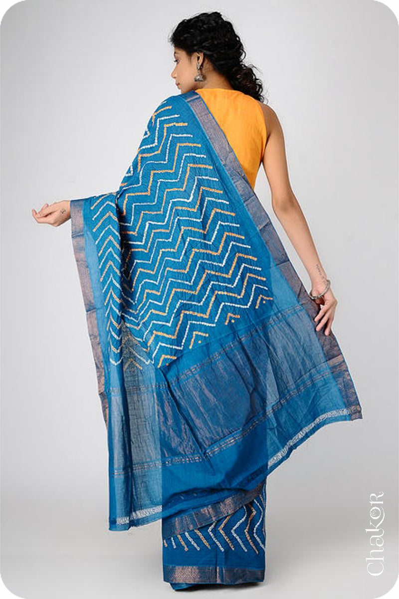 Indigo Blue Traditional Bandhani Mangalgiri Cotton Saree with zari border and pallu by Chakor.