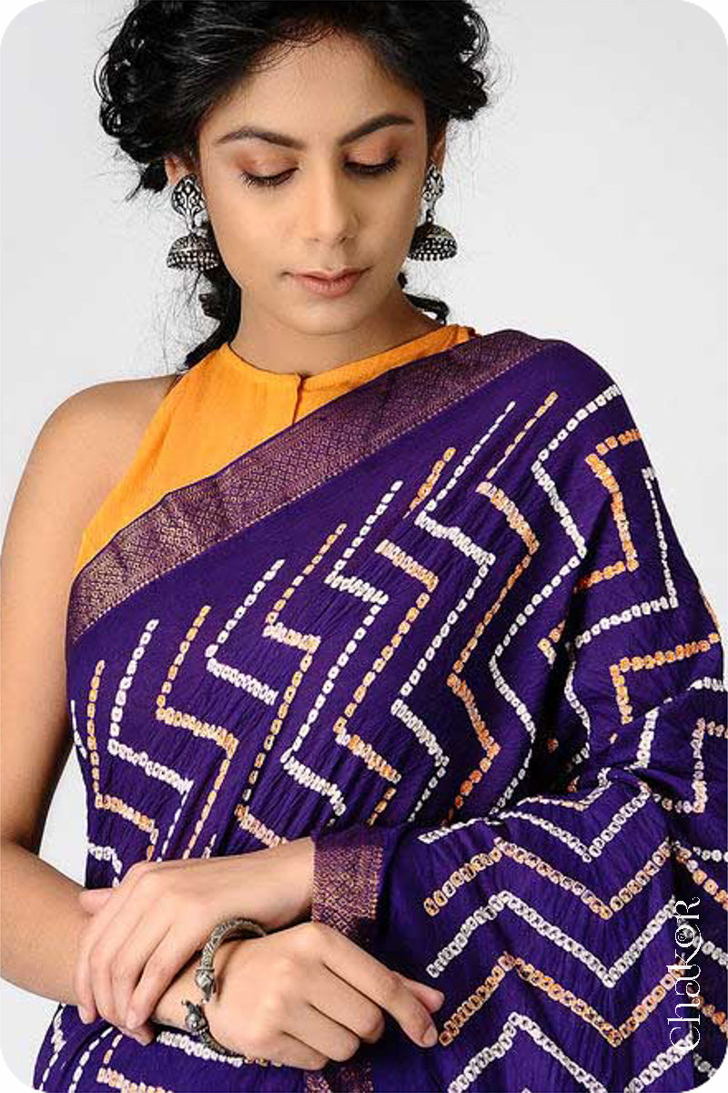 Purple Traditional Bandhani Mangalgiri Cotton Saree with zari border and pallu by Chakor.