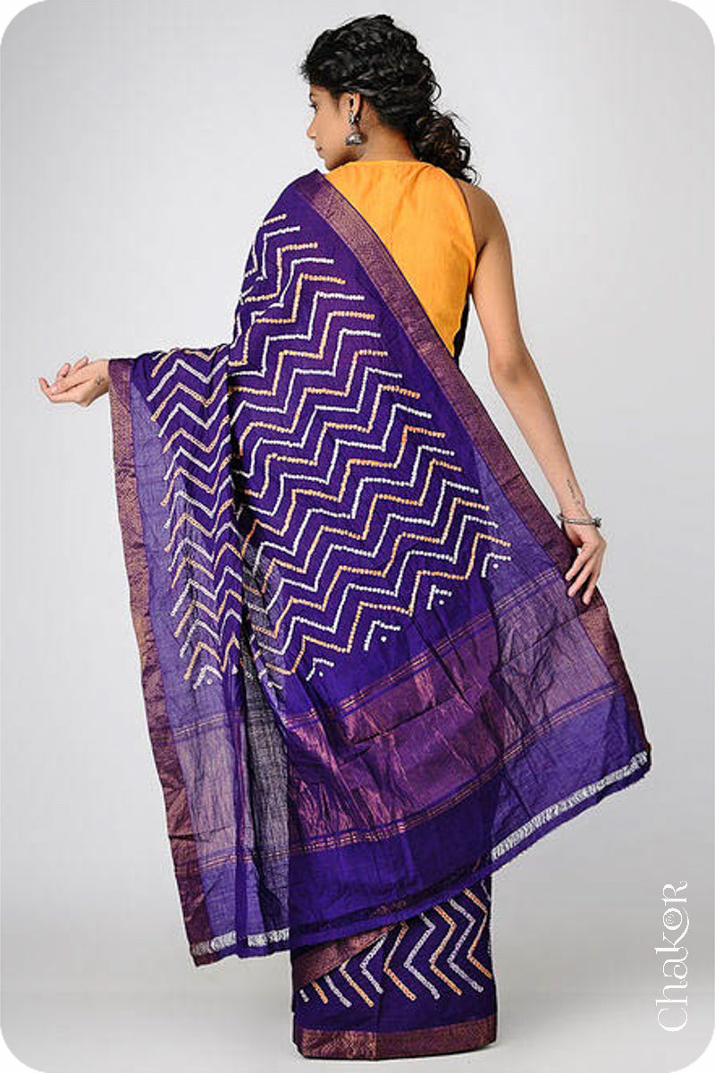 Purple Traditional Bandhani Mangalgiri Cotton Saree with zari border and pallu by Chakor.