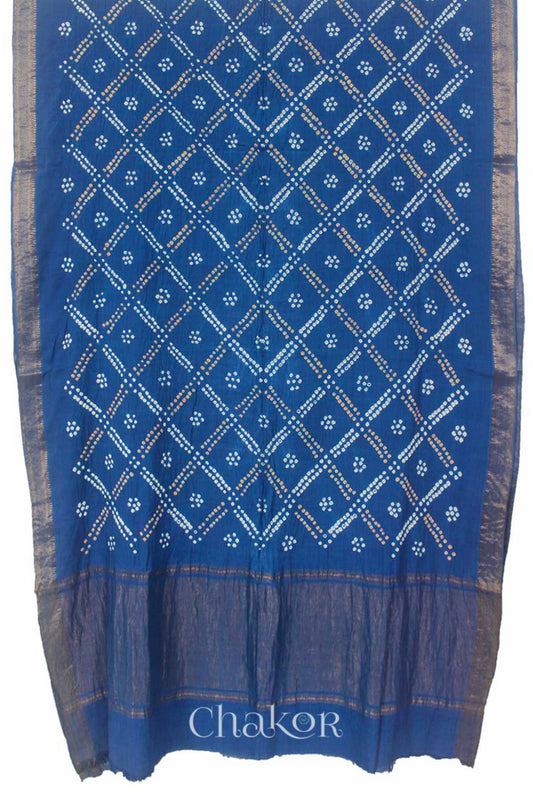 Indigo Blue Traditional Bandhani Mangalgiri Cotton Saree with zari border and pallu by Chakor.