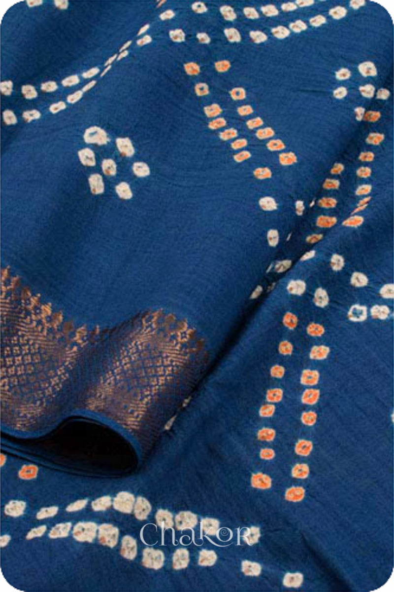 Indigo Blue Traditional Bandhani Mangalgiri Cotton Saree with zari border and pallu by Chakor.