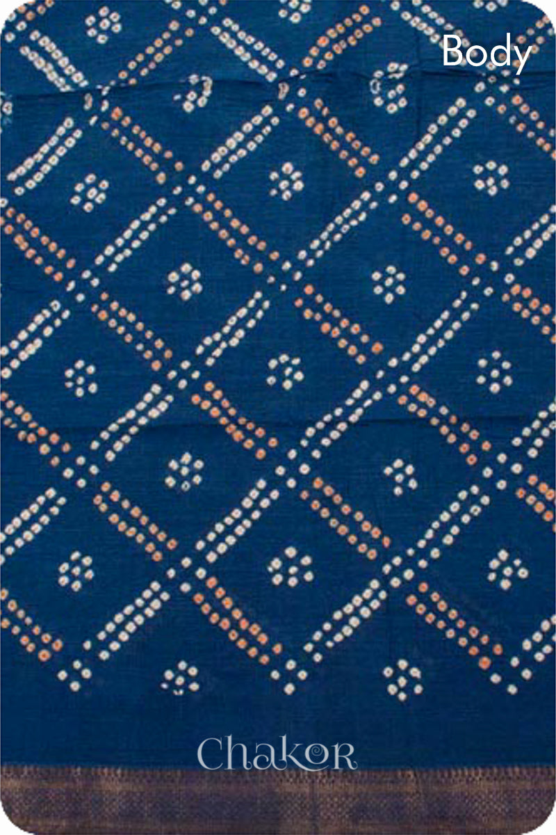 Indigo Blue Traditional Bandhani Mangalgiri Cotton Saree with zari border and pallu by Chakor.