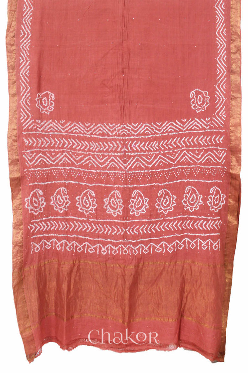 Dusty Red Traditional Bandhani Mangalgiri Cotton Saree with zari border and pallu by Chakor.