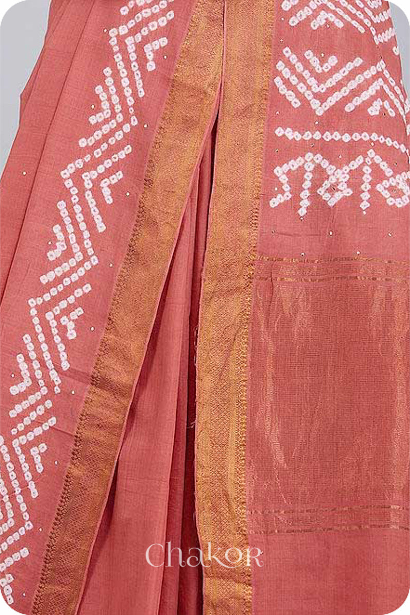 Dusty Red Traditional Bandhani Mangalgiri Cotton Saree with zari border and pallu by Chakor.