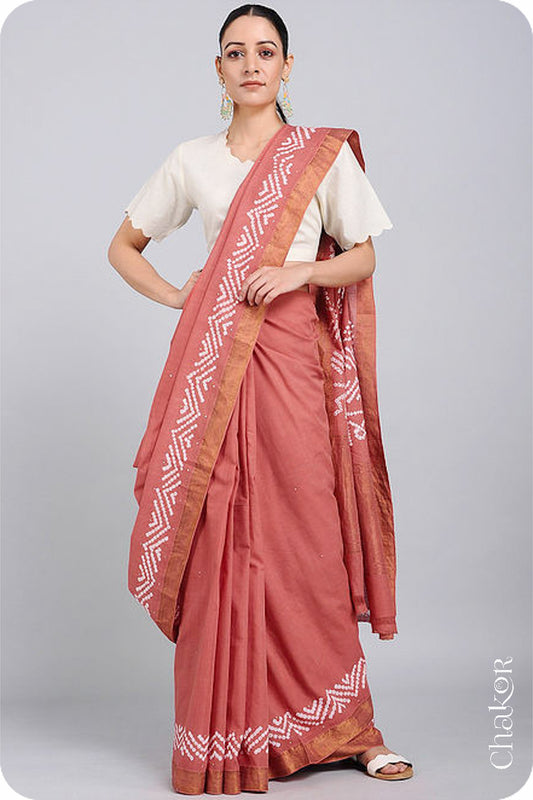 Dusty Red Traditional Bandhani Mangalgiri Cotton Saree with zari border and pallu by Chakor.