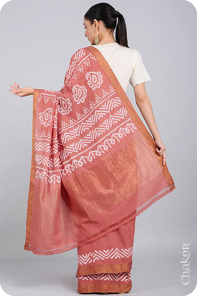 Dusty Red Traditional Bandhani Mangalgiri Cotton Saree with zari border and pallu by Chakor.