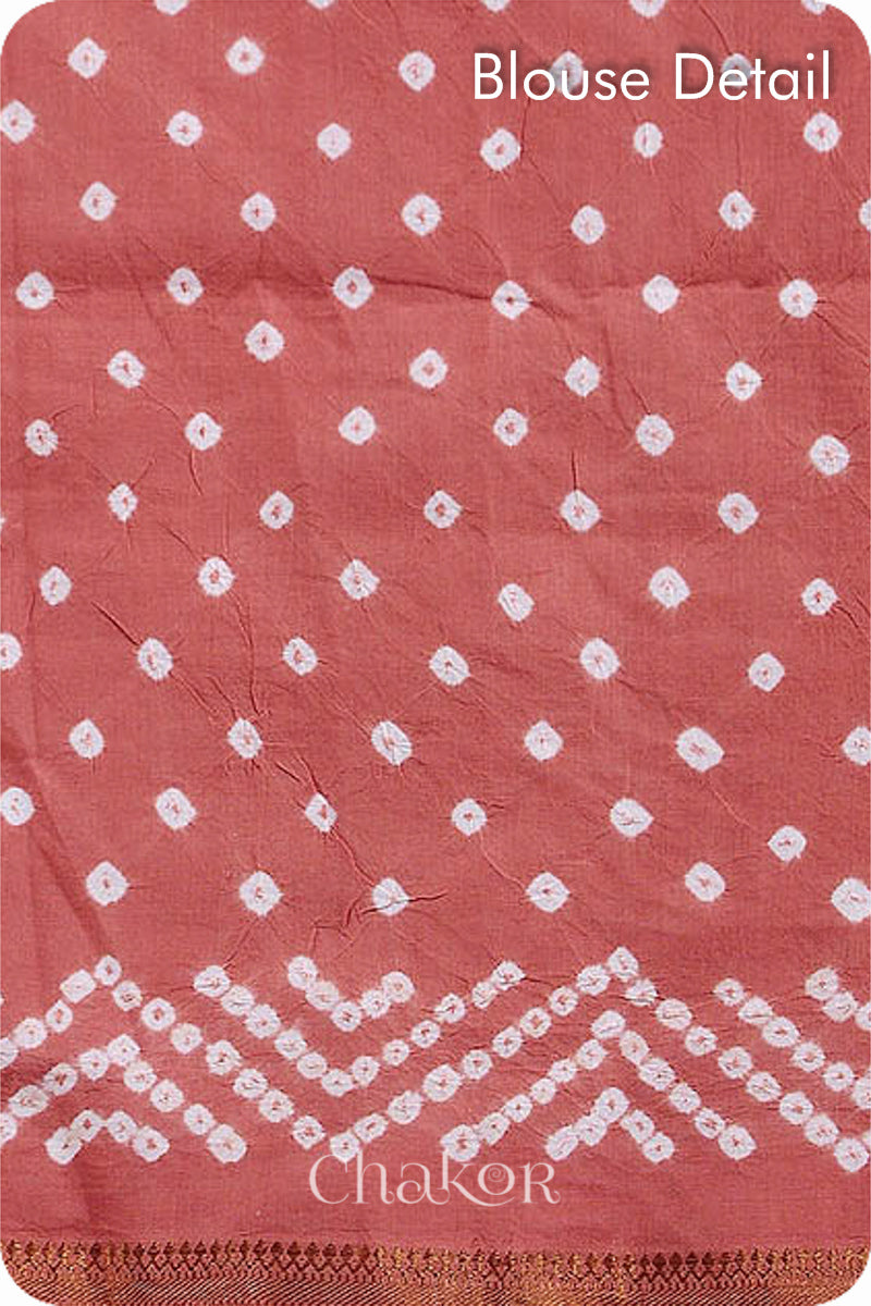 Dusty Red Traditional Bandhani Mangalgiri Cotton Saree with zari border and pallu by Chakor.