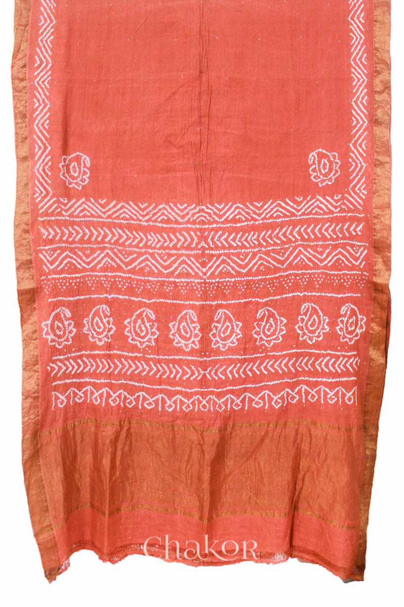 Peach Traditional Bandhani Mangalgiri Cotton Saree with zari border and pallu by Chakor.