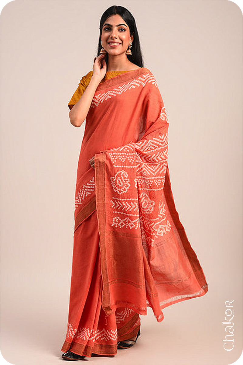 Peach Traditional Bandhani Mangalgiri Cotton Saree with zari border and pallu by Chakor.