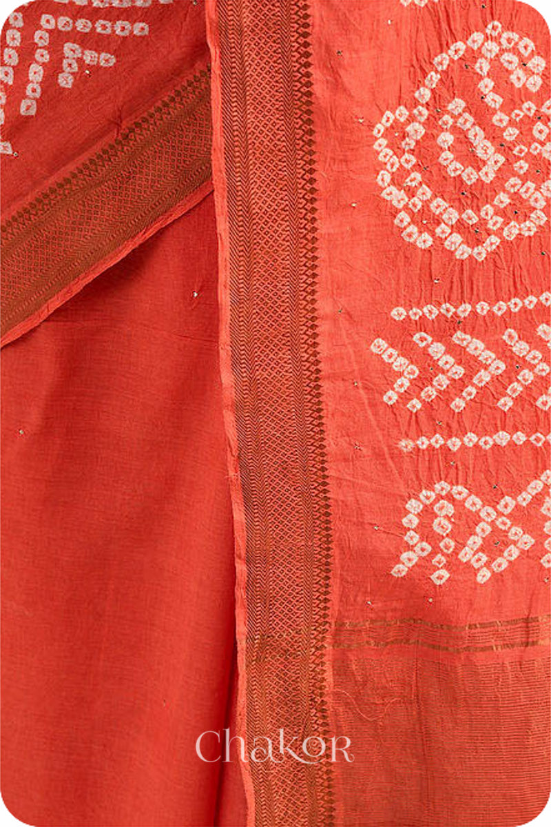 Peach Traditional Bandhani Mangalgiri Cotton Saree with zari border and pallu by Chakor.