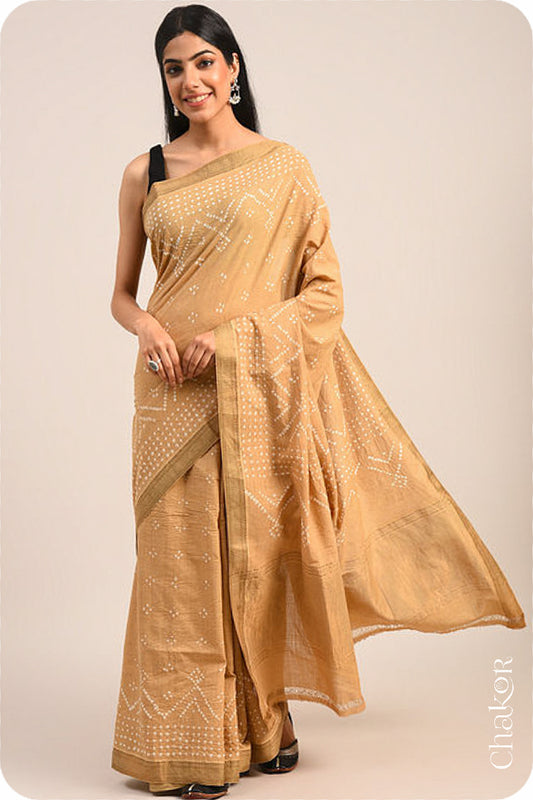 Beige Bandhani Mangalgiri Cotton Saree with zari border and pallu by Chakor.