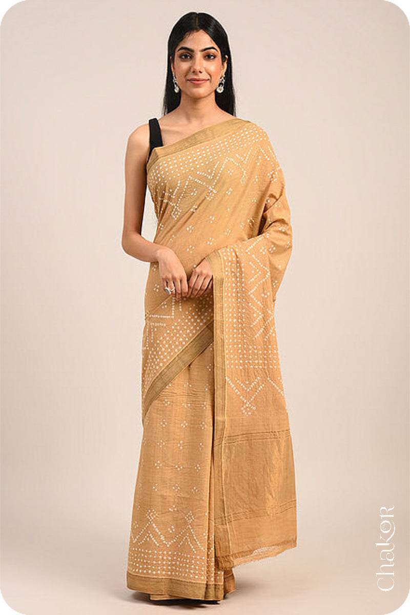 Beige Bandhani Mangalgiri Cotton Saree with zari border and pallu by Chakor.