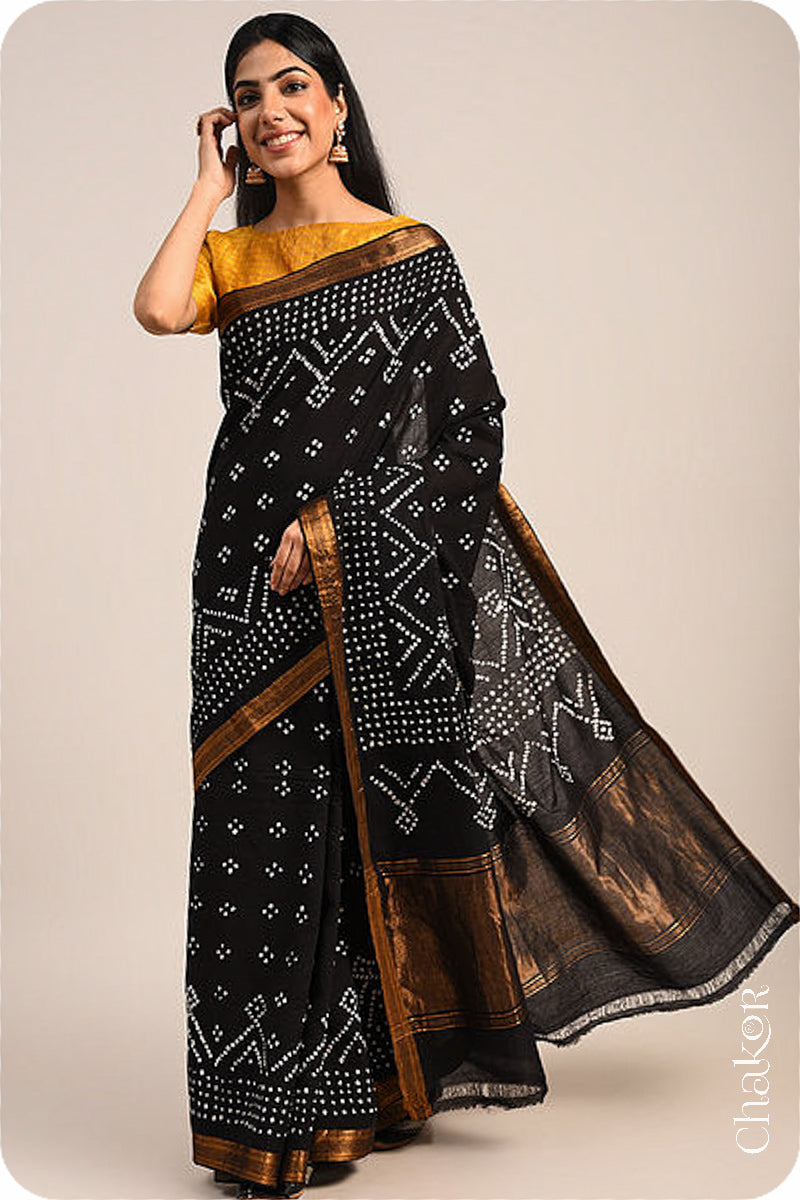 Black Traditional Bandhani Mangalgiri Cotton Saree with zari border and pallu by Chakor.