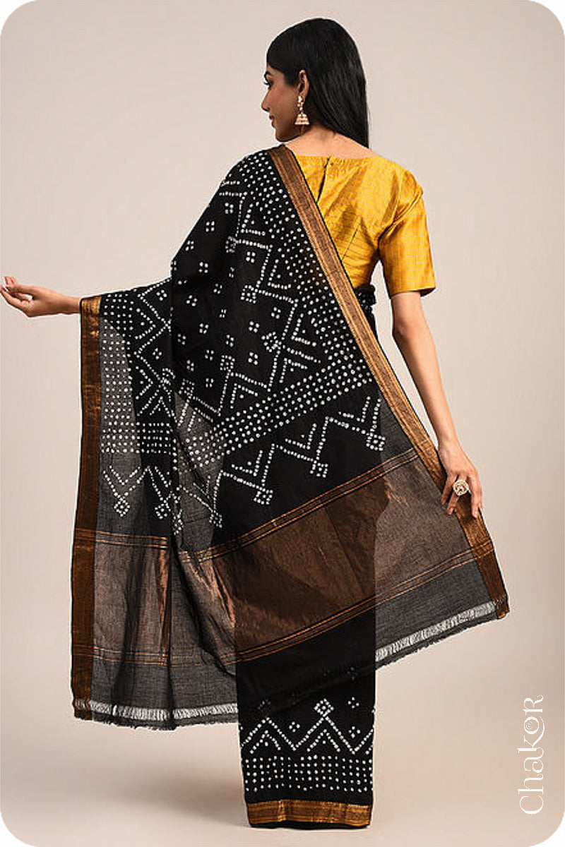 Black Traditional Bandhani Mangalgiri Cotton Saree with zari border and pallu by Chakor.